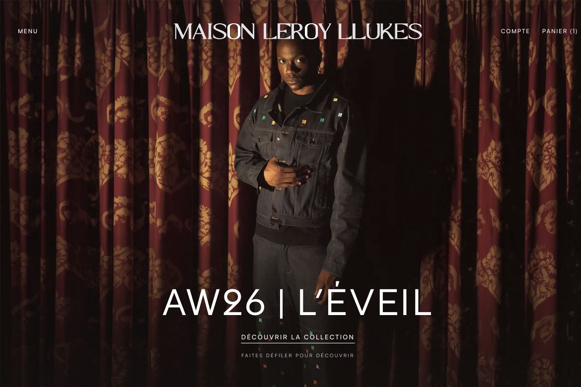 Page d’accueil de MAISON LEROY LLUKES, avec la navigation et le titre AW26 | L’Éveil